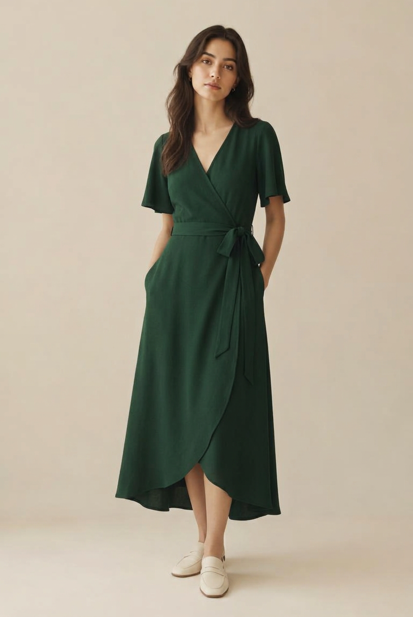 20s · slim wearing Evergreen Wrap Dress — AI visual illustration